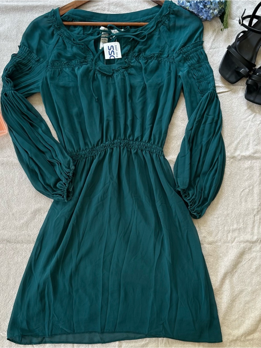 NEW Emerald Teal Green Smocked Boho Peasant Mini Cottagecore Dark Academia Dress